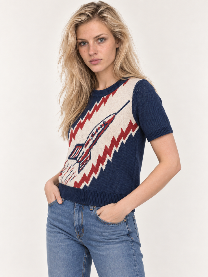 Rocket Sweater Navy three-quarter view on Model 6