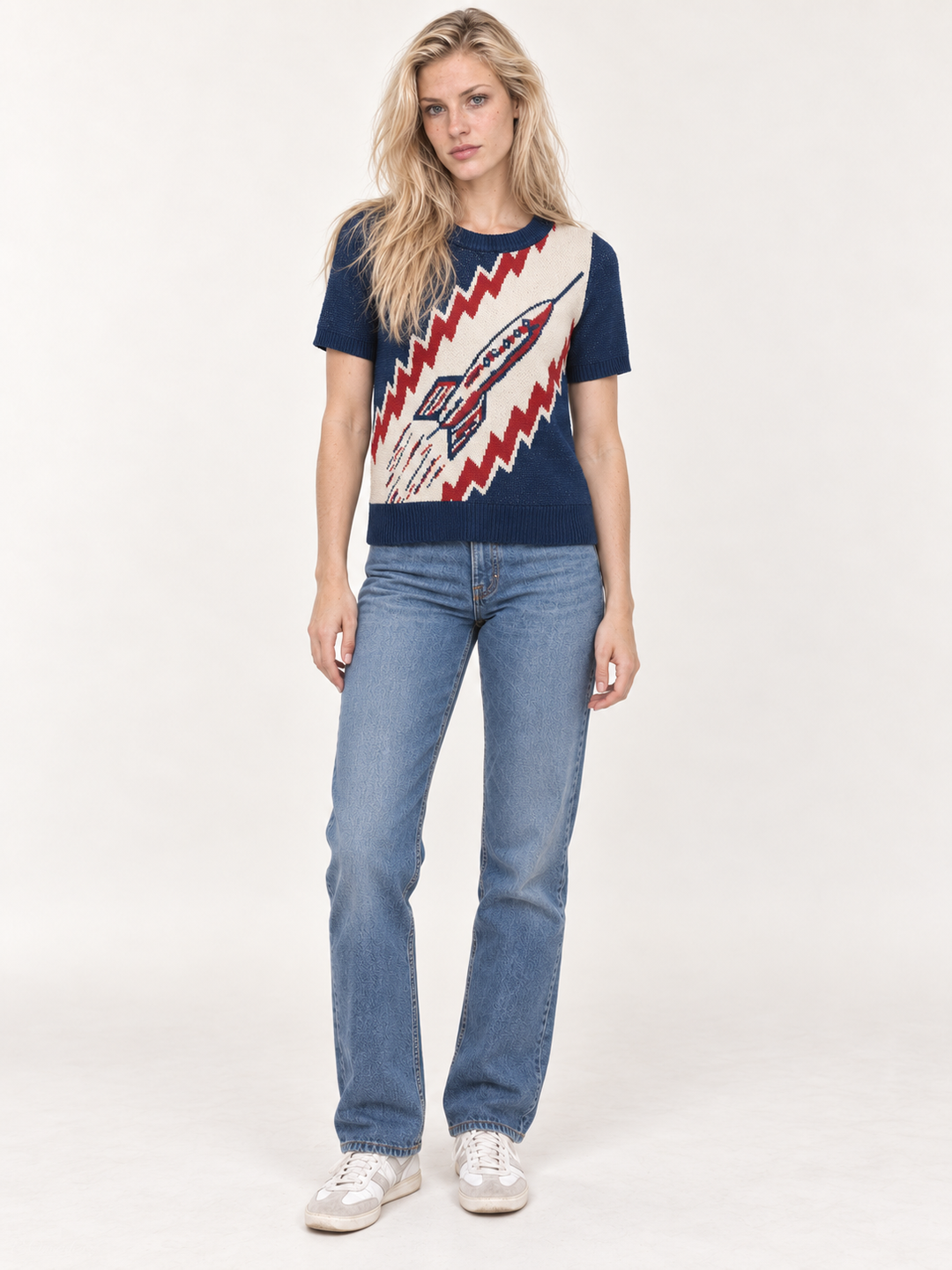 Rocket Sweater Navy full-body front view on Model 6