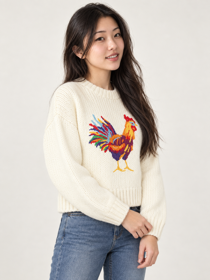 Rooster Sweater Ivory angled view on model