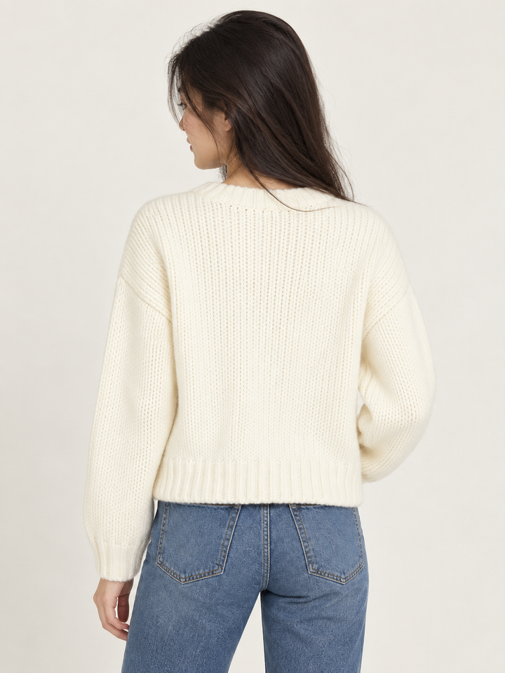 Rooster Sweater Ivory back view on model