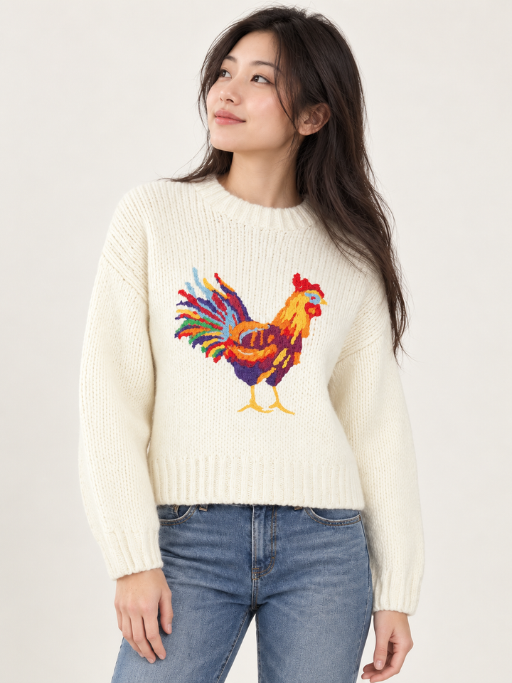Rooster Sweater Ivory front view on model
