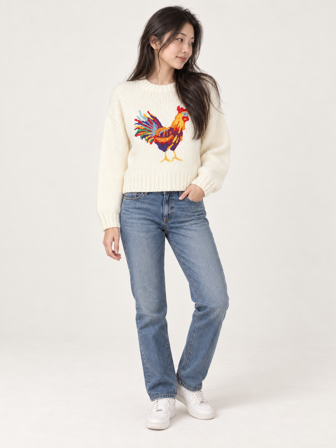 Rooster Sweater Ivory full body view on model