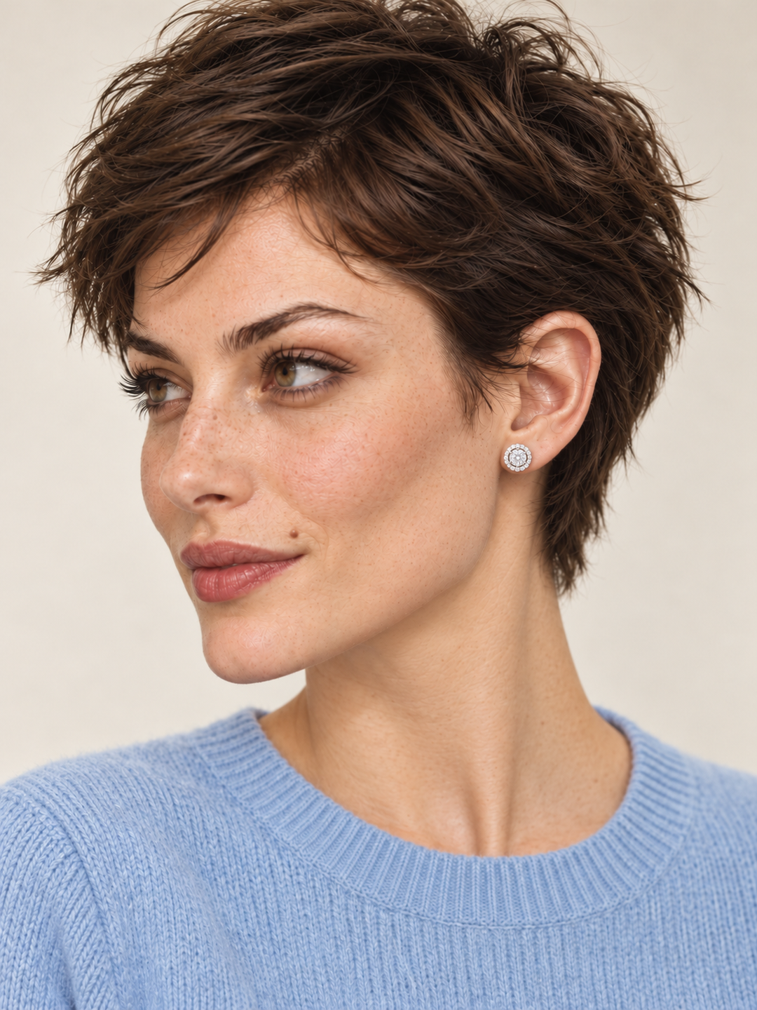 Round Halo Stud Earrings worn on the viewer-right ear