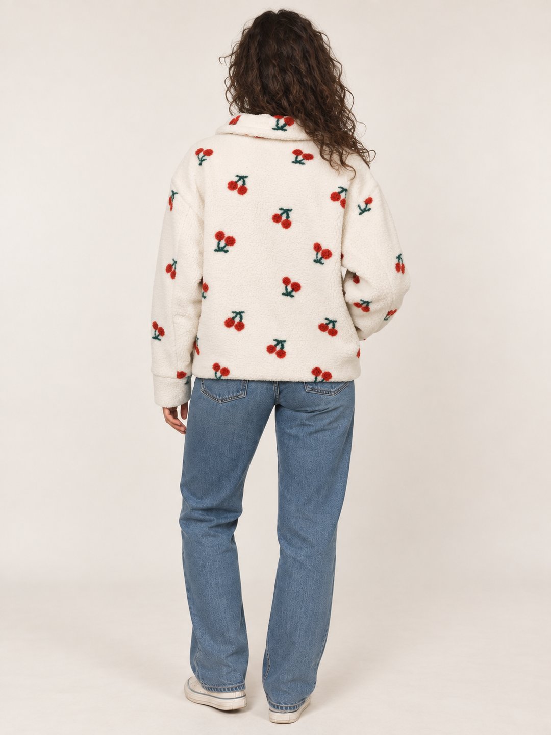 Model wearing Sherpa Cherry Jacket, back view