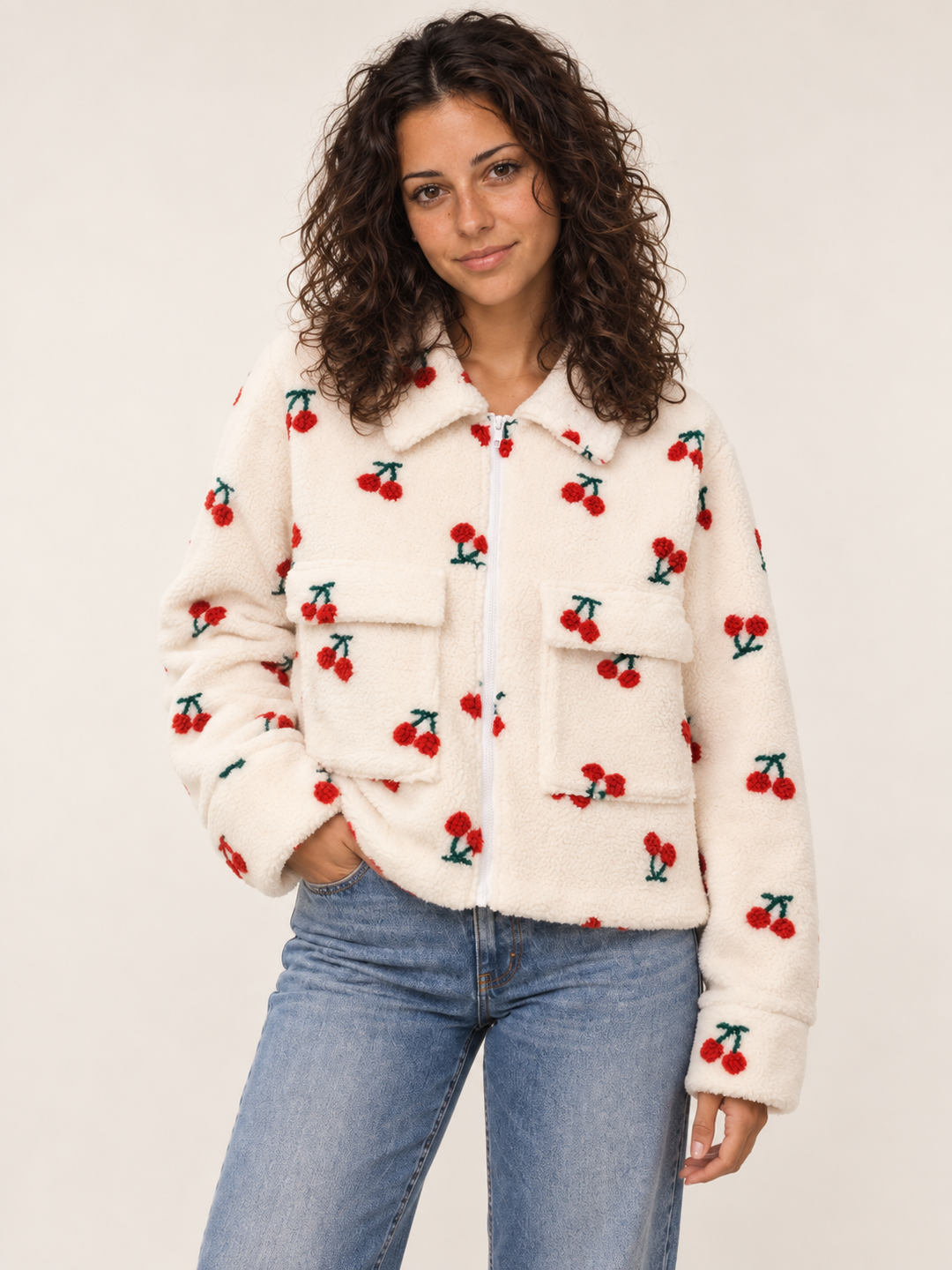 Model wearing Sherpa Cherry Jacket, front view