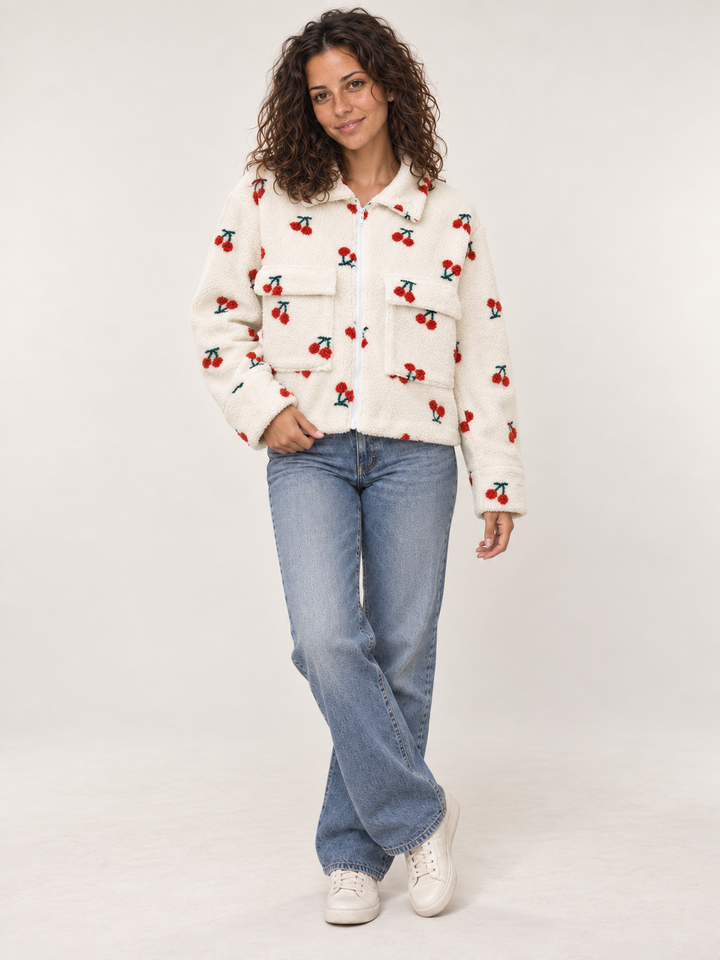 Model wearing Sherpa Cherry Jacket, full-body view