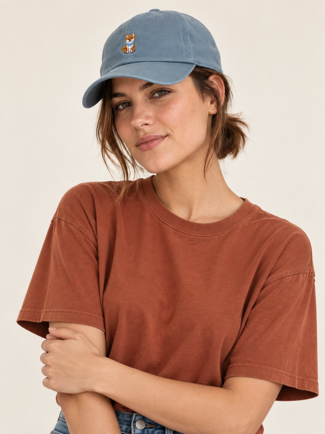 Model wearing the blue Shiba Inu embroidered baseball cap