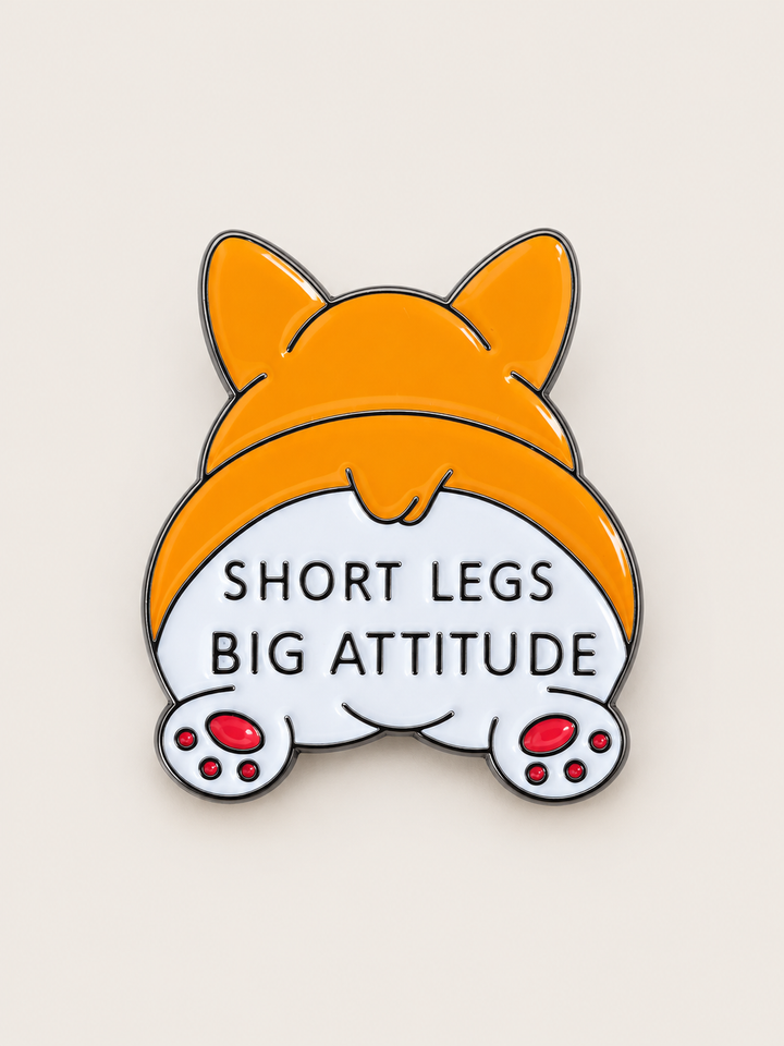 Short Legs Big Attitude Corgi Pin shown on a warm neutral background
