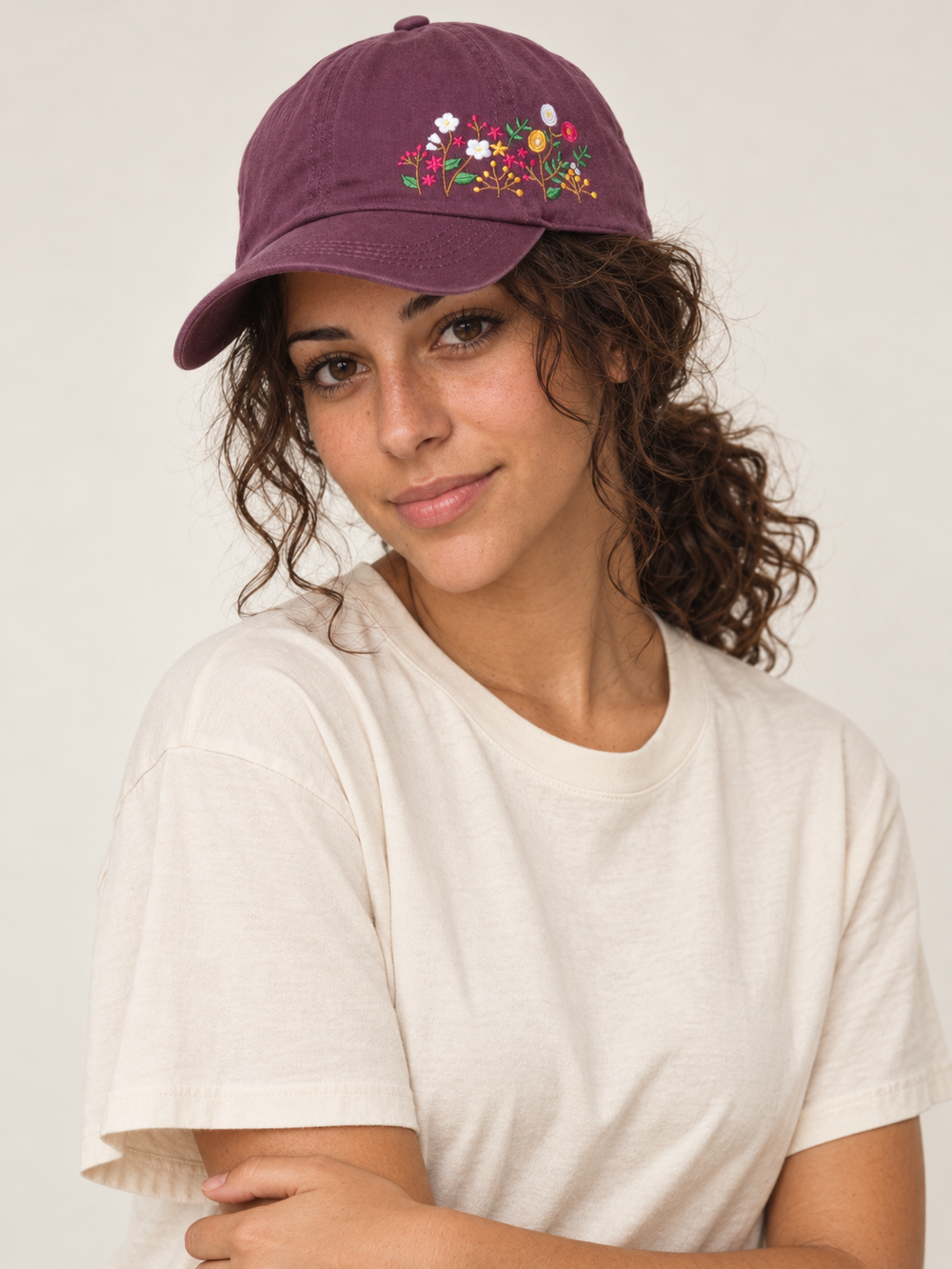 Model wearing Side Embroidered Wildflower Hat Plum