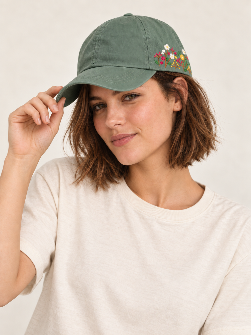 Model wearing Side Embroidered Wildflower Hat Sage