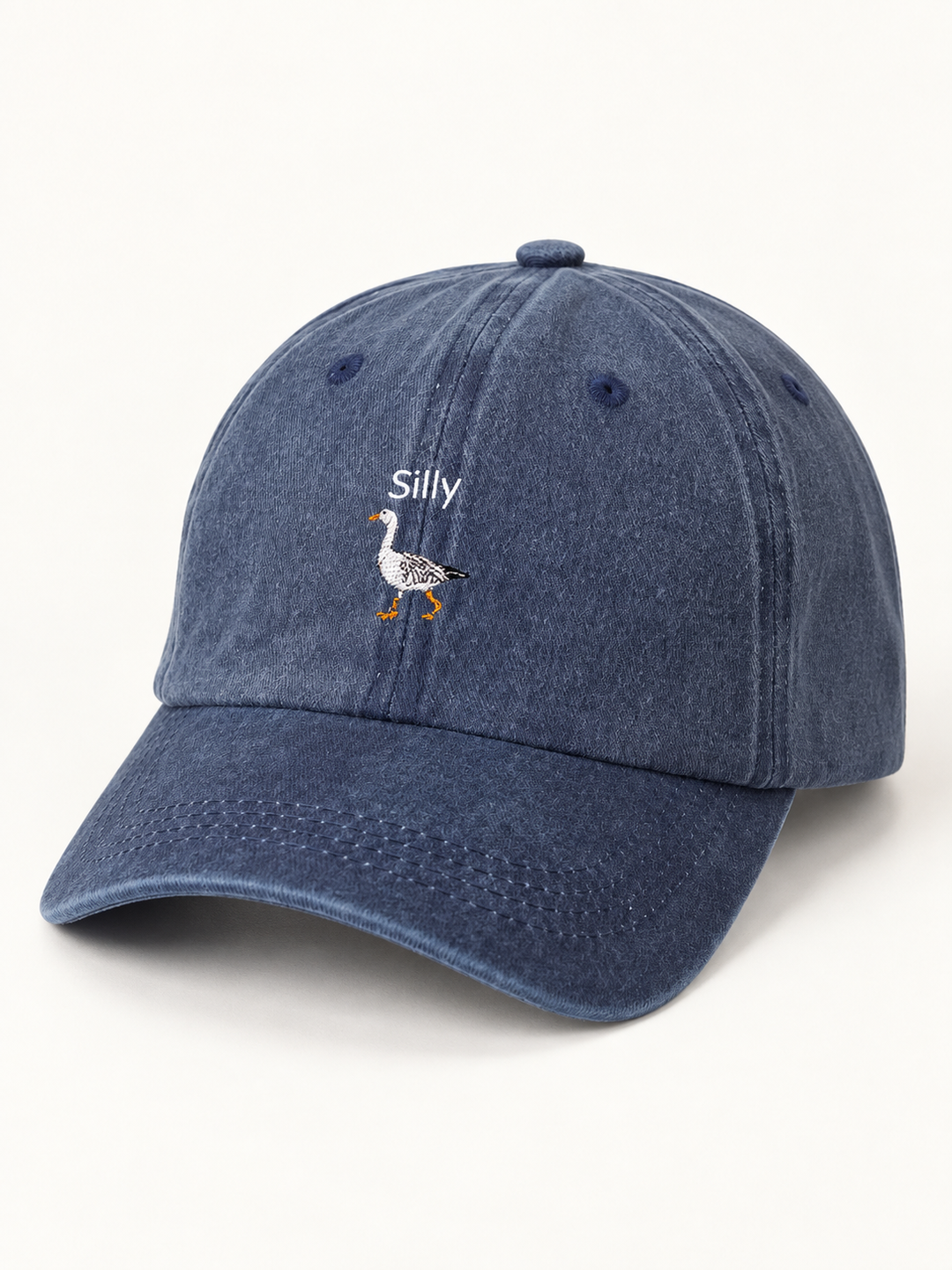 Silly Goose navy hat three-quarter view