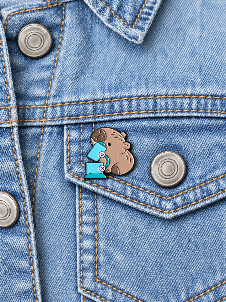 Sleeping Bear in Top Hat Pin displayed on a light-wash denim jacket beside a metal button