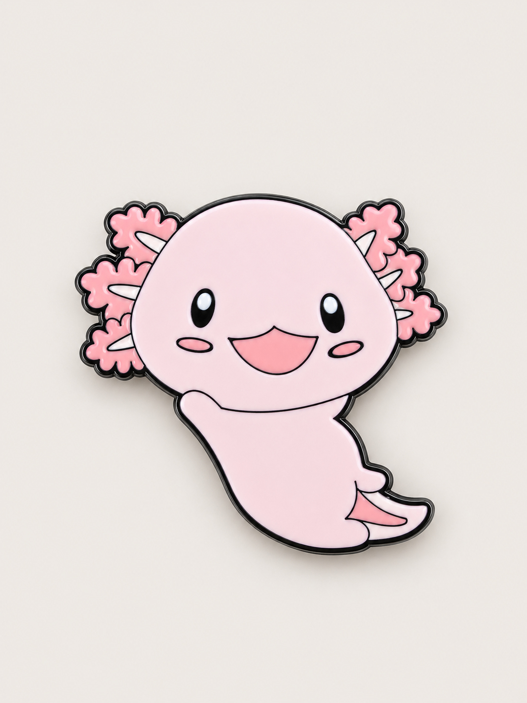 Smiling Pink Axolotl Pin shown on a warm neutral background