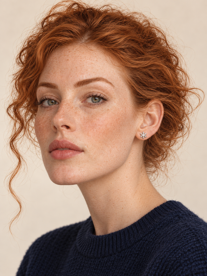 Silver Snowflake Stud Earrings worn on a model