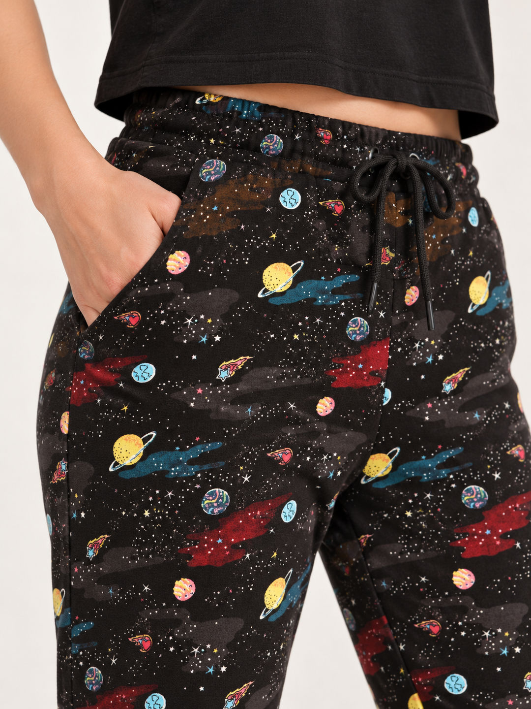 Close-up of the Space Planet Joggers fabric and print