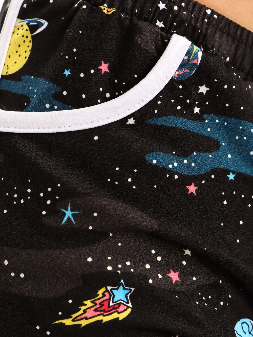 Space Planet Shorts fabric and print close-up