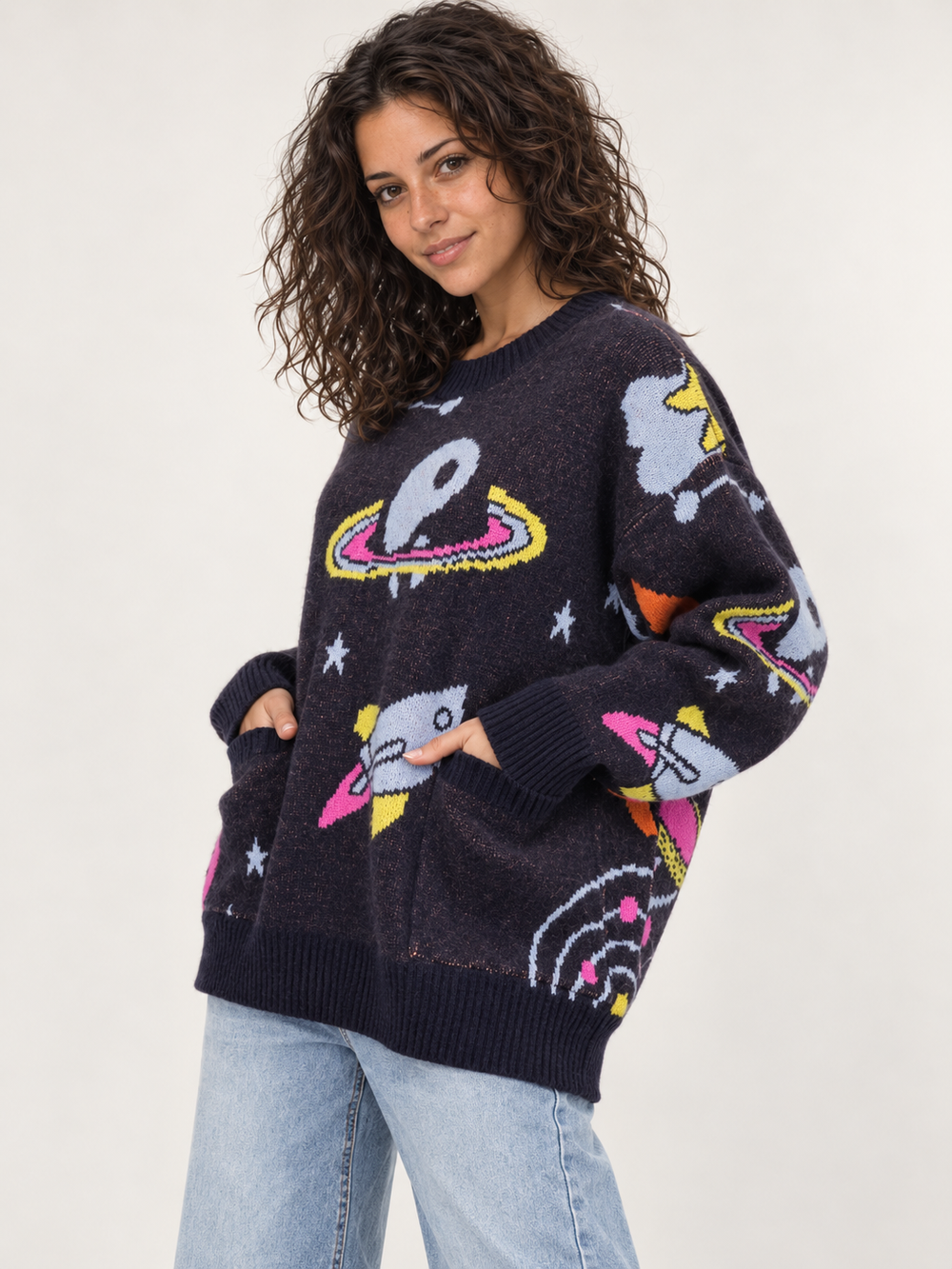 Model wearing Space Pocket Sweater Navy, 45-degree view