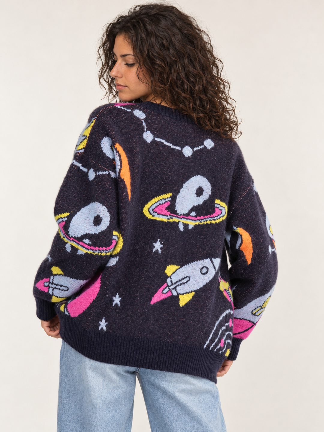 Model wearing Space Pocket Sweater Navy, back view
