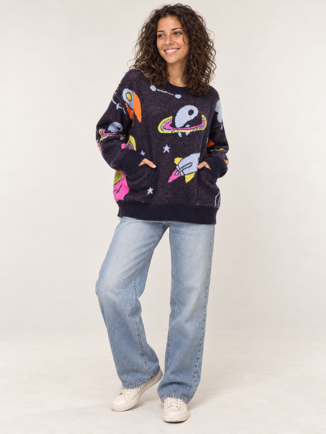 Model wearing Space Pocket Sweater Navy, full-body front view