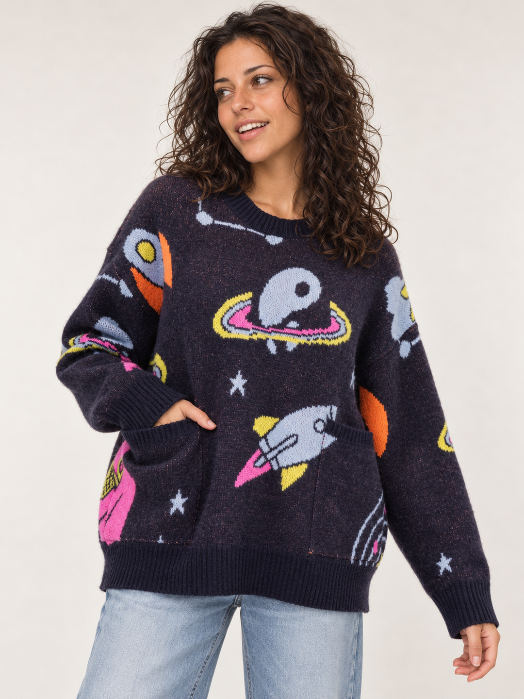 Model wearing Space Pocket Sweater Navy, front view