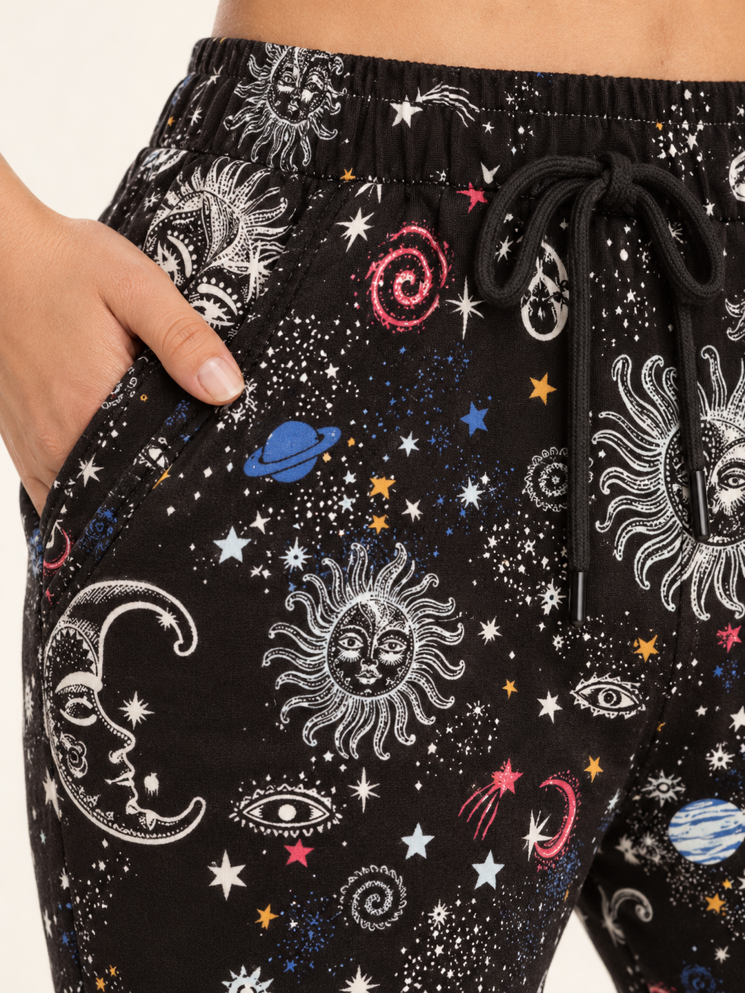 Space Sun Joggers celestial fabric detail