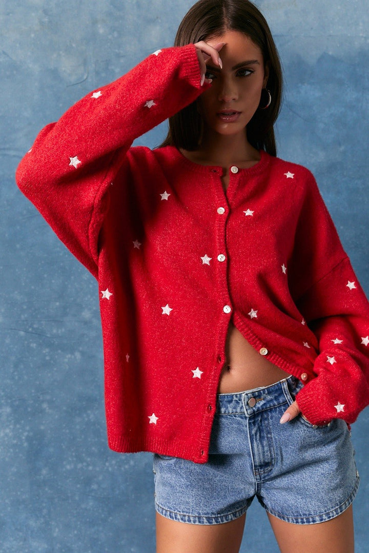 Embroidered Star Cardigan Red