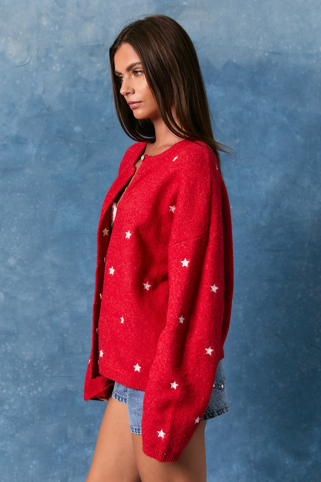 Embroidered Star Cardigan Red