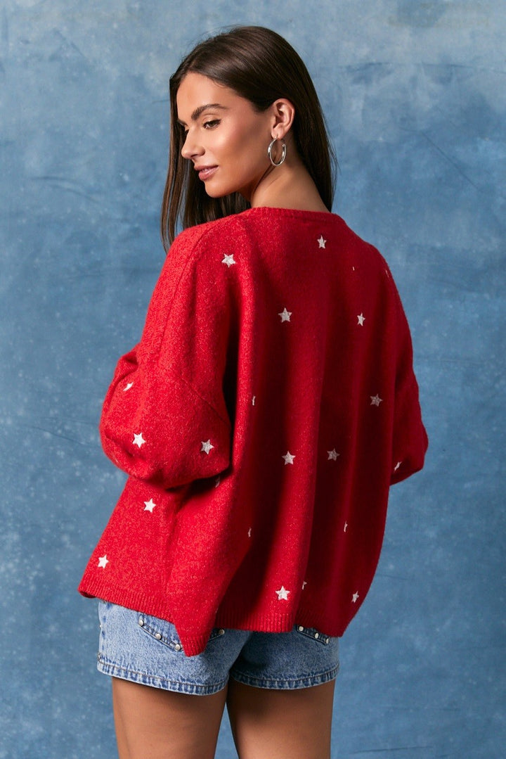 Embroidered Star Cardigan Red
