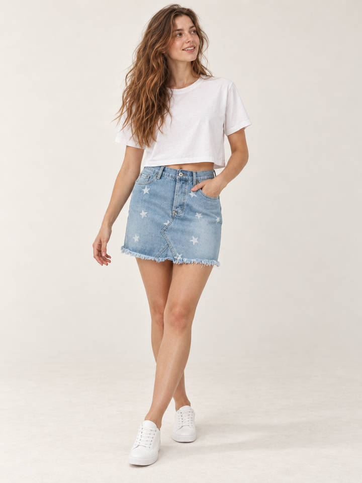 Model wearing Star Denim Mini Skirt, full-body front view
