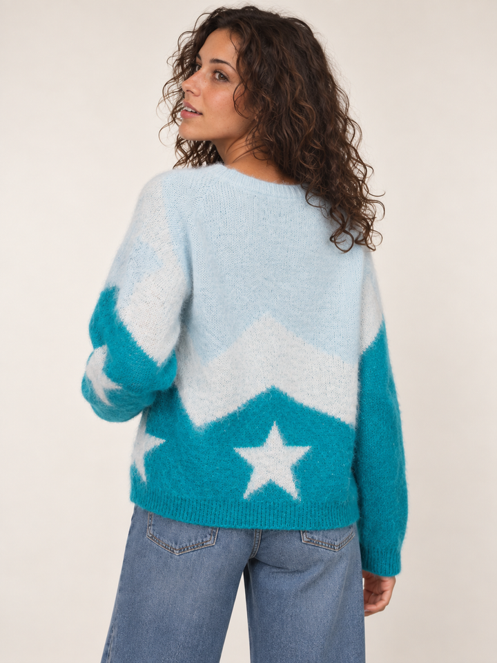 Star Pattern Fuzzy Sweater Teal back view