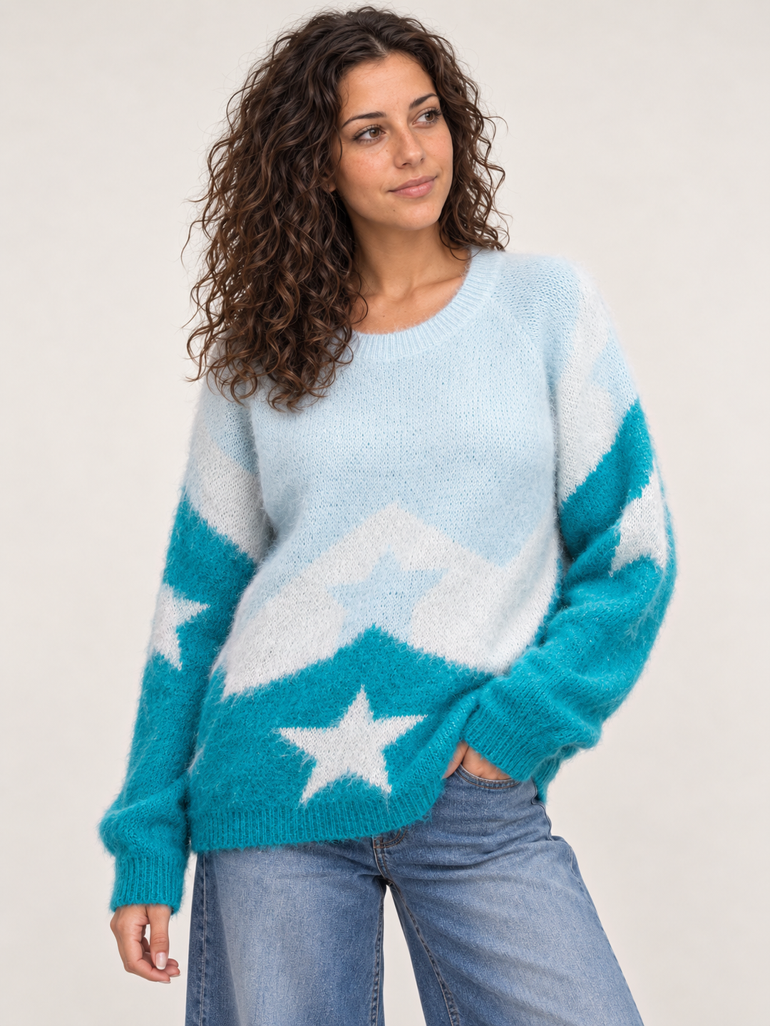 Star Pattern Fuzzy Sweater Teal front view