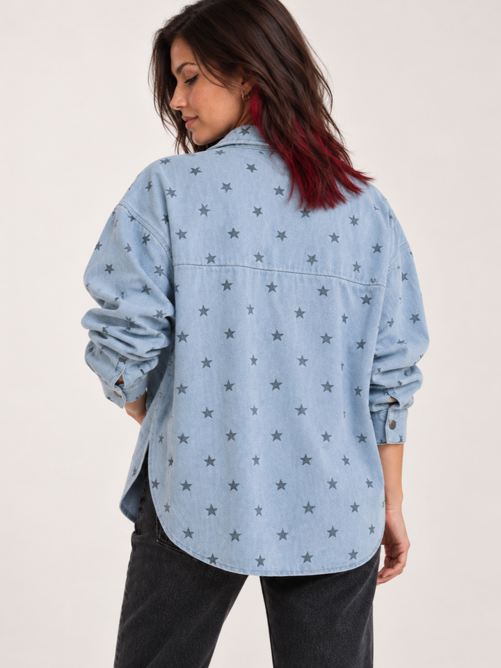 Model wearing Star Printed Denim Oversized Jacket, back view