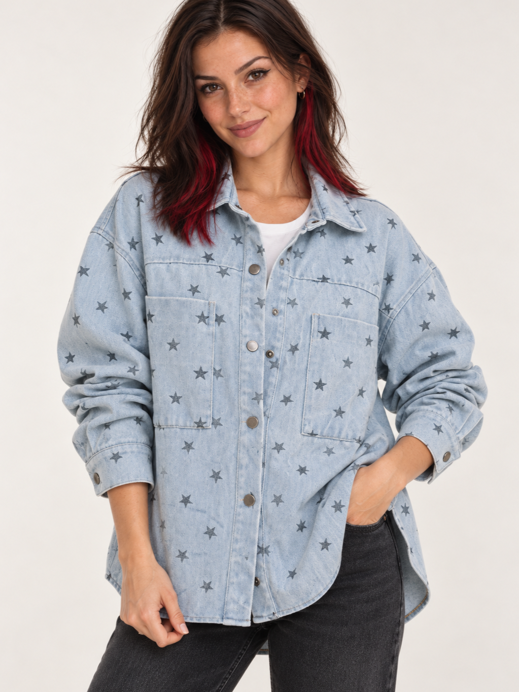 Model wearing Star Printed Denim Oversized Jacket, front view