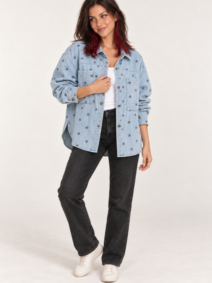 Model wearing Star Printed Denim Oversized Jacket, full-body front view