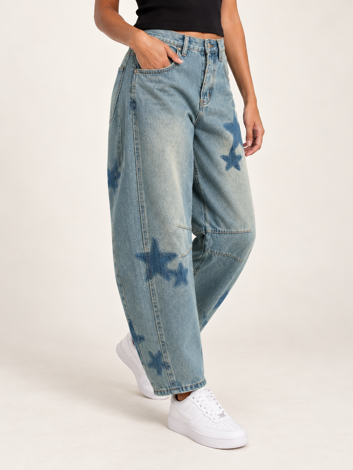 Star Printed Washed Denim Barrel Jeans, 45-degree view