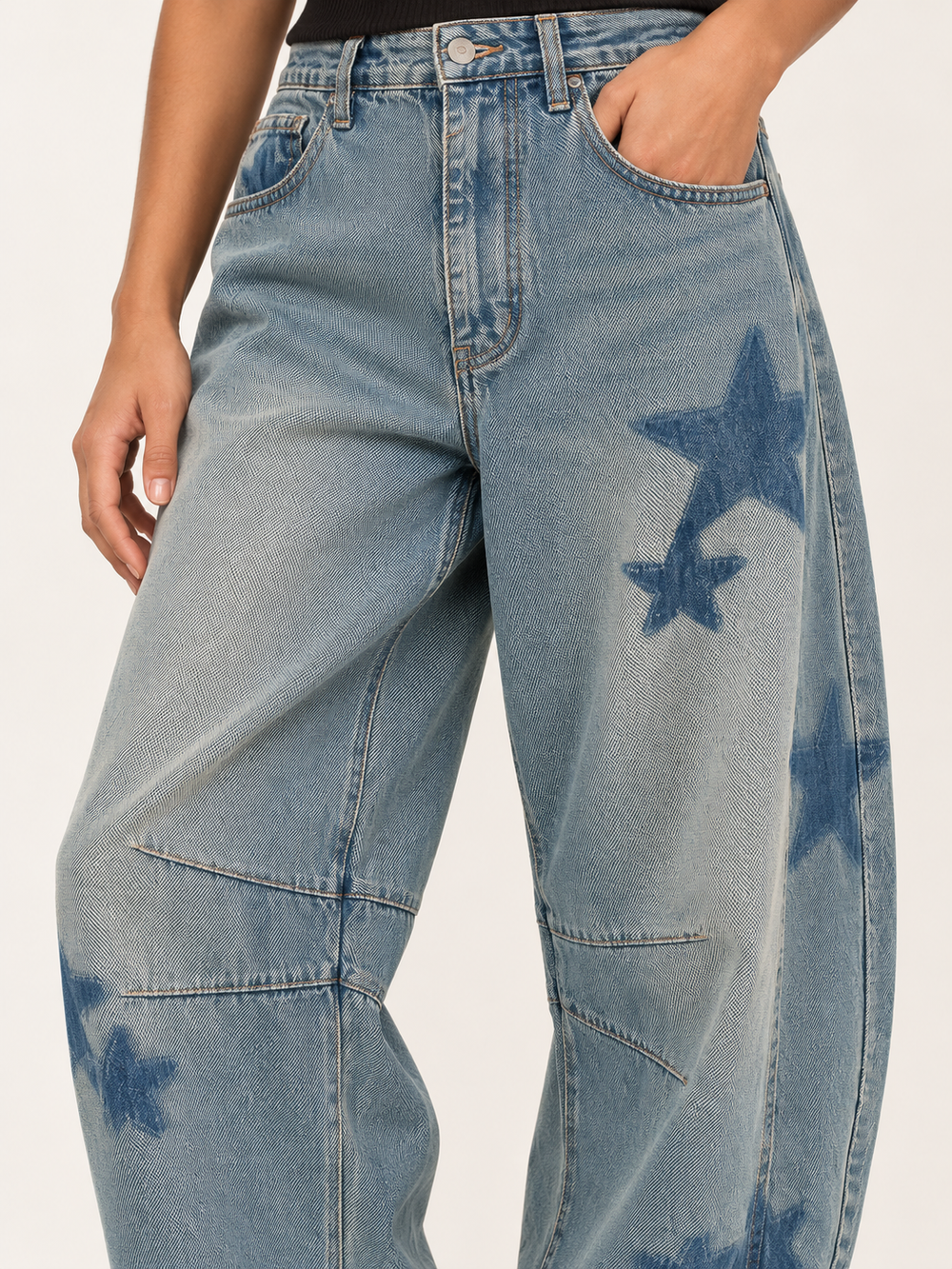 Star Printed Washed Denim Barrel Jeans fabric and star detail