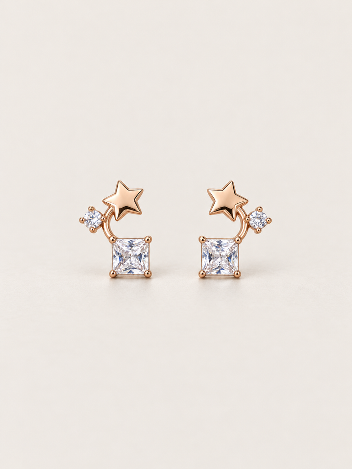 Star and Square Crystal Earrings shown on a warm neutral background