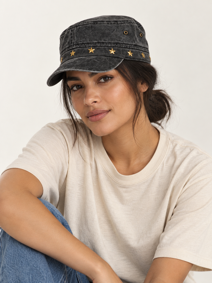 Model wearing Star Studs Cadet Hat Black