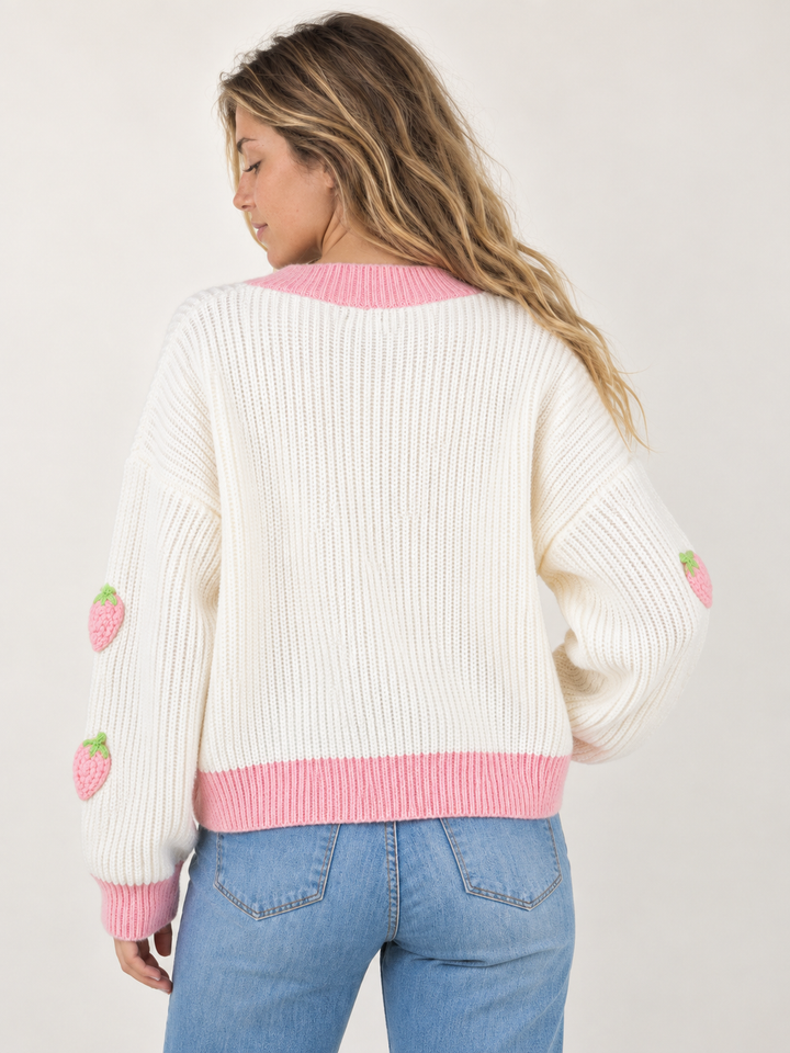 Model wearing Strawberry Button Up Cardigan Pink — back view