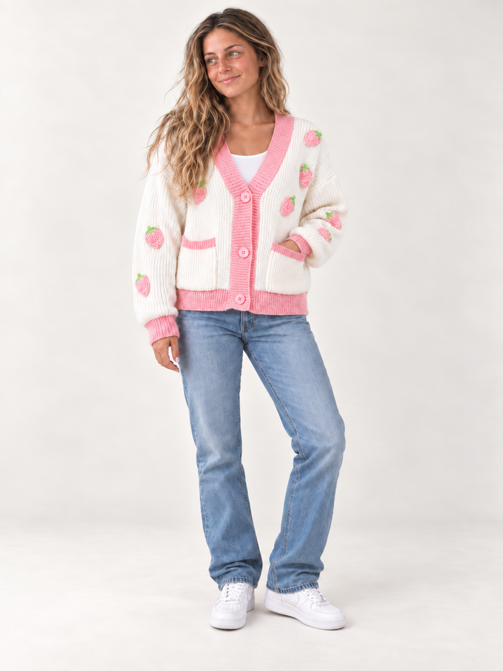 Model wearing Strawberry Button Up Cardigan Pink — full-body front view