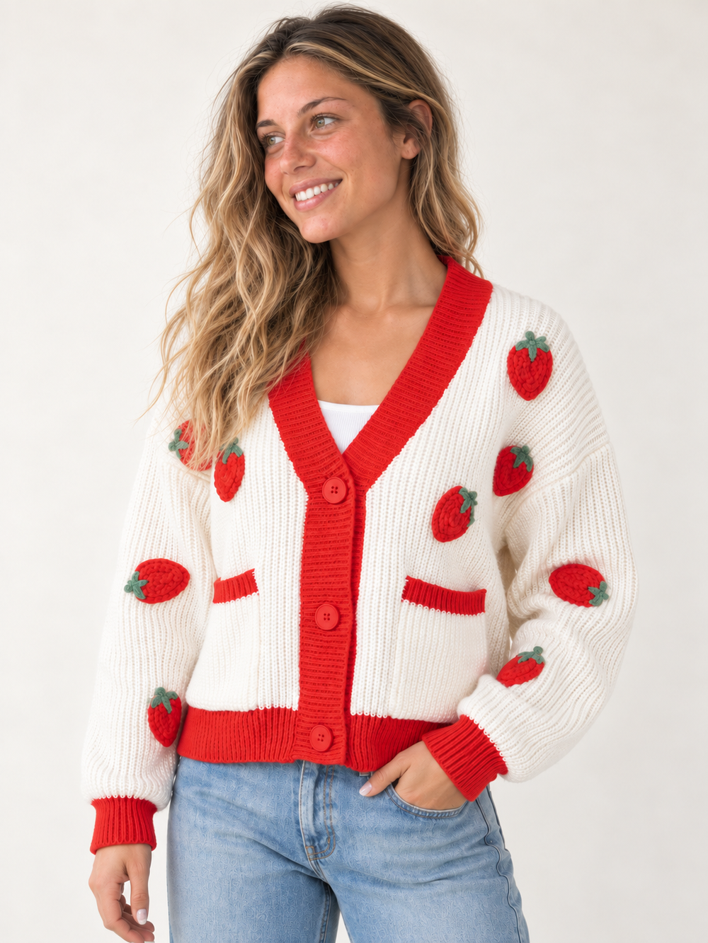 Model wearing Strawberry Button Up Cardigan Red, angled view