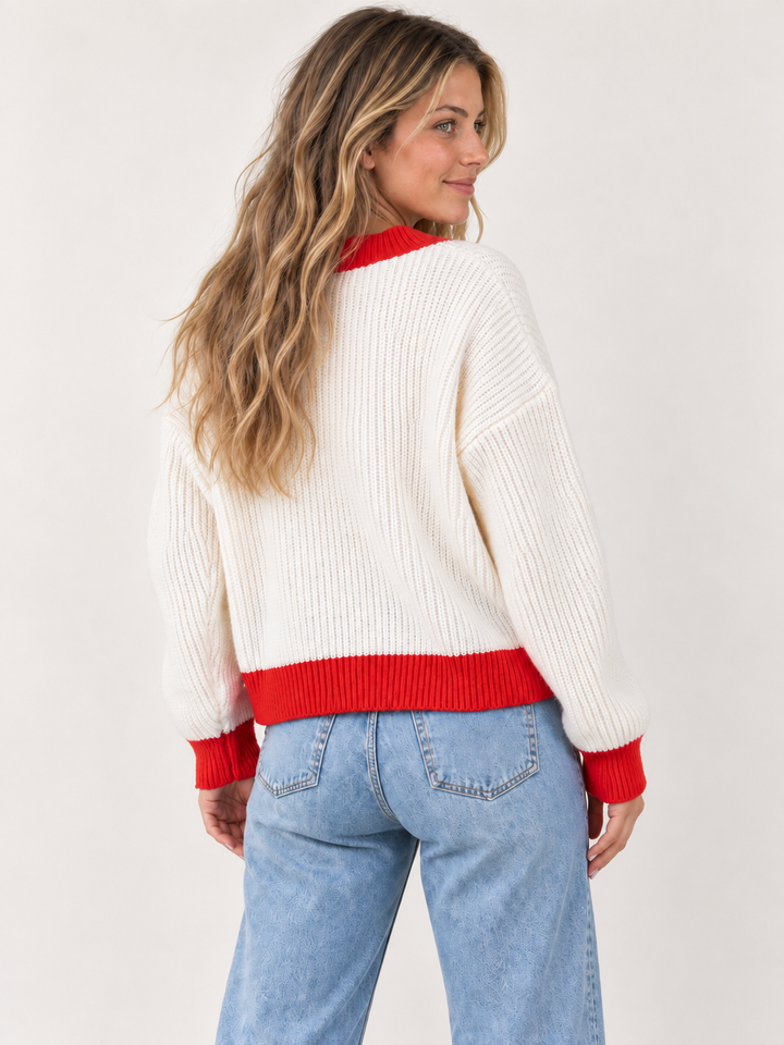 Model wearing Strawberry Button Up Cardigan Red, back view