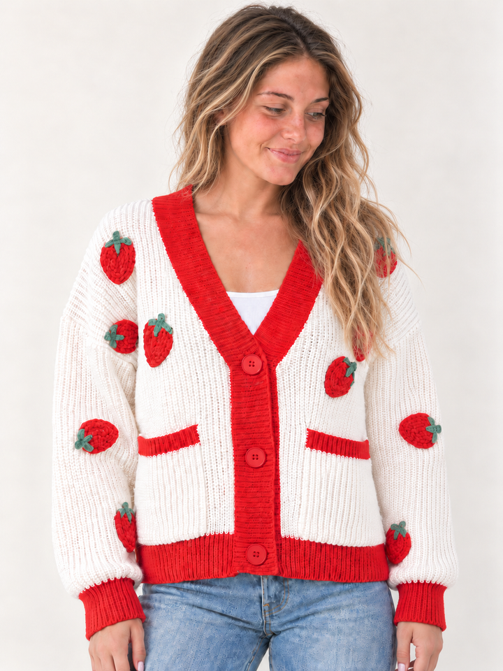 Model wearing Strawberry Button Up Cardigan Red, front view