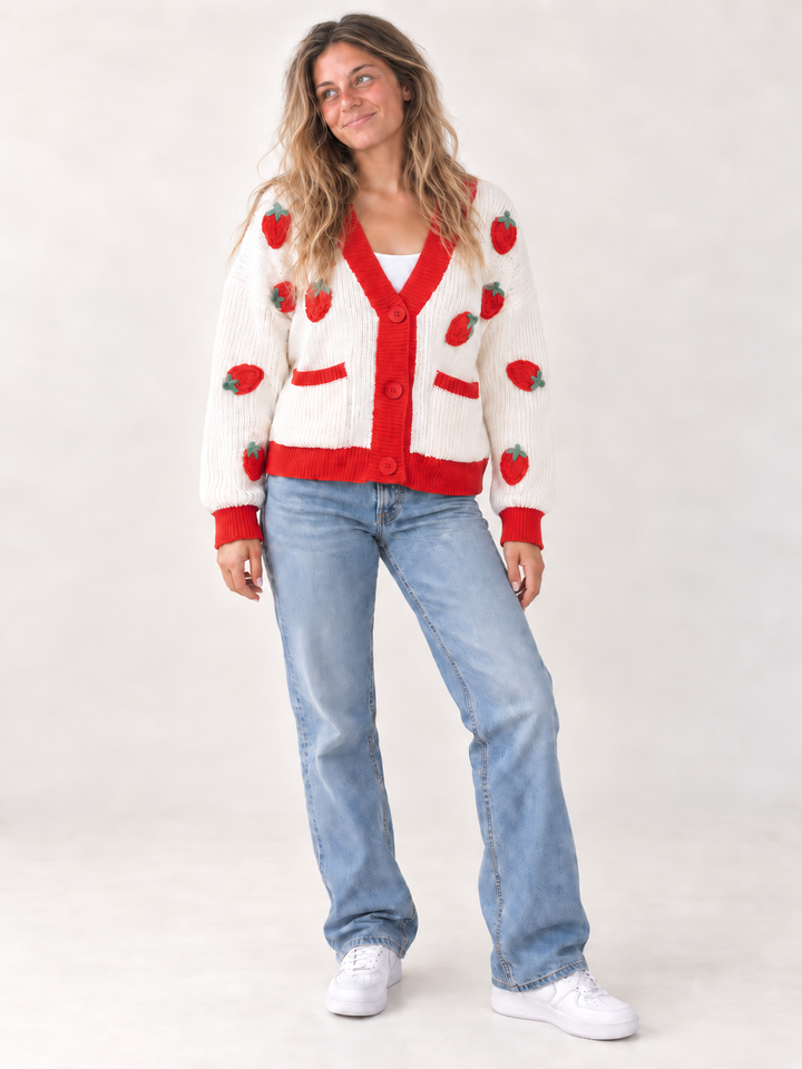 Model wearing Strawberry Button Up Cardigan Red, full body view