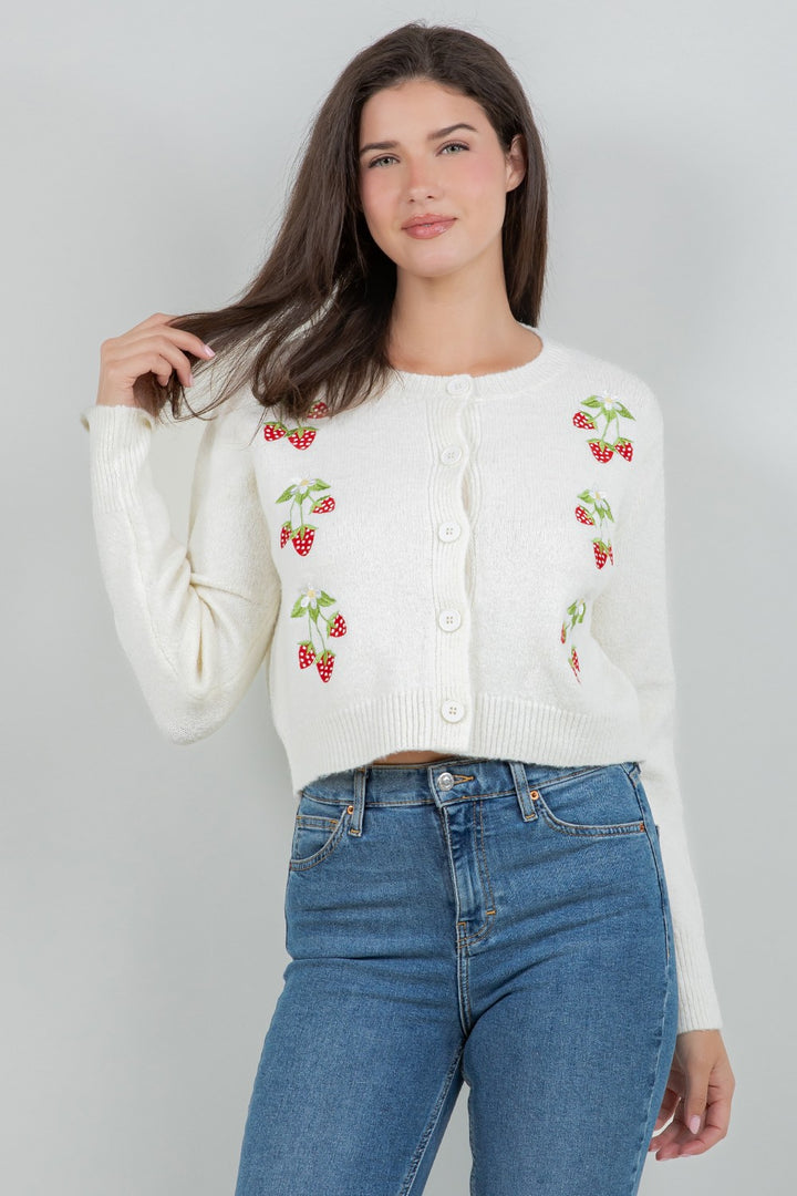 Strawberry Embroidered Cardigan Ivory