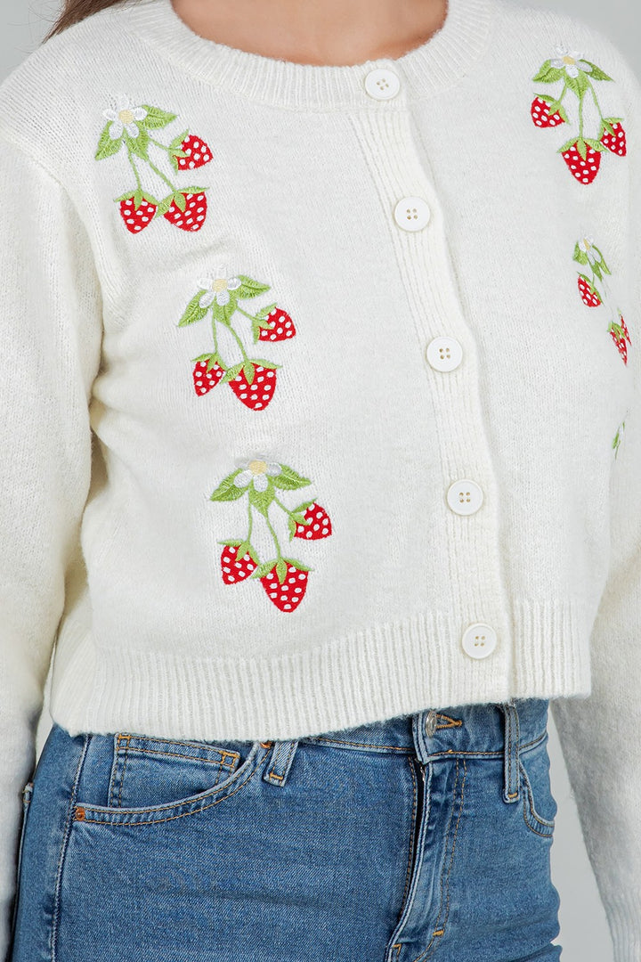 Strawberry Embroidered Cardigan Ivory