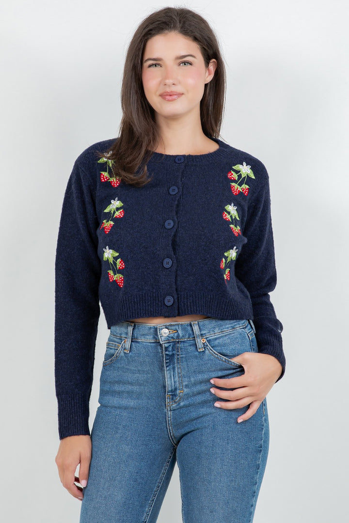 Strawberry Embroidered Cardigan Navy