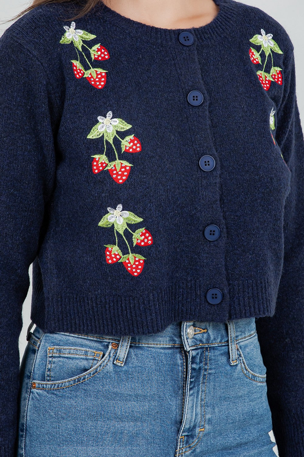 Strawberry Embroidered Cardigan Navy