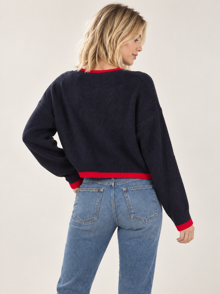 Model wearing Strawberry Crop Sweater, back view
