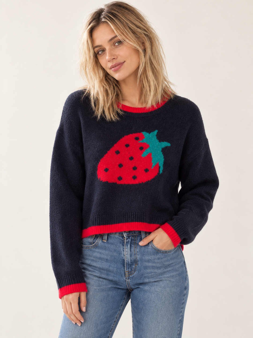Model wearing Strawberry Crop Sweater, front view